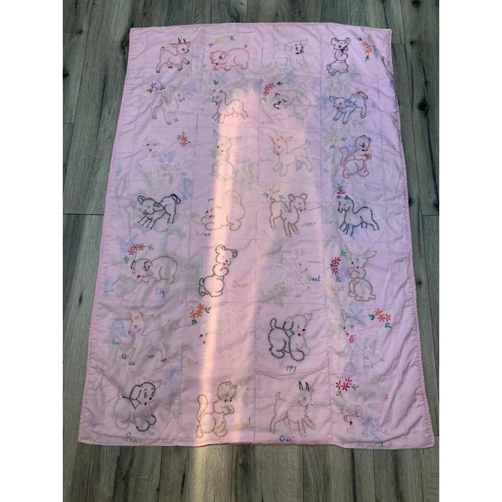 Vintage Handmade Girl Baby Hand-stitched Embroidered Pink Check Plaid Back Anima